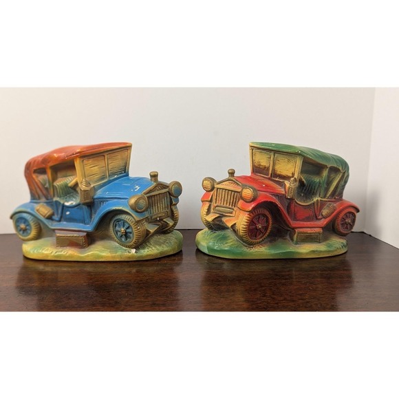 Other - Vintage Antique Car Coin Banks Wall Hanging Tabletop Red Blue Pair Resin 7 Inch